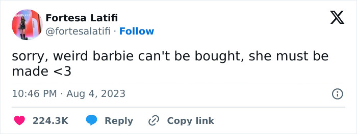 Tweet humorously discussing Weird Barbie, emphasizing creativity over purchase, with engagement metrics visible. Tweet humorously discussing Weird Barbie, emphasizing creativity over purchase, with engagement metrics visible.