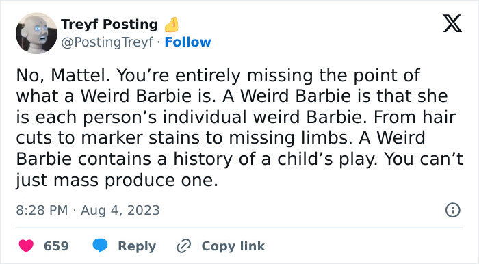 Tweet criticizing Mattel's mass production of movie-inspired Weird Barbie, emphasizing individual uniqueness. Tweet criticizing Mattel's mass production of movie-inspired Weird Barbie, emphasizing individual uniqueness.