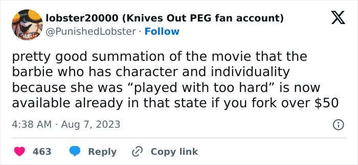 Tweet discussing Mattel's movie-inspired Weird Barbie, noting character's individuality and pricing. Tweet discussing Mattel's movie-inspired Weird Barbie, noting character's individuality and pricing.