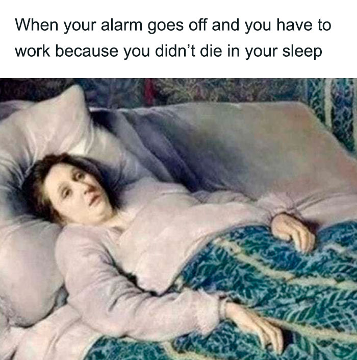 Funny "Good Morning" meme featuring a person looking exhausted in bed.