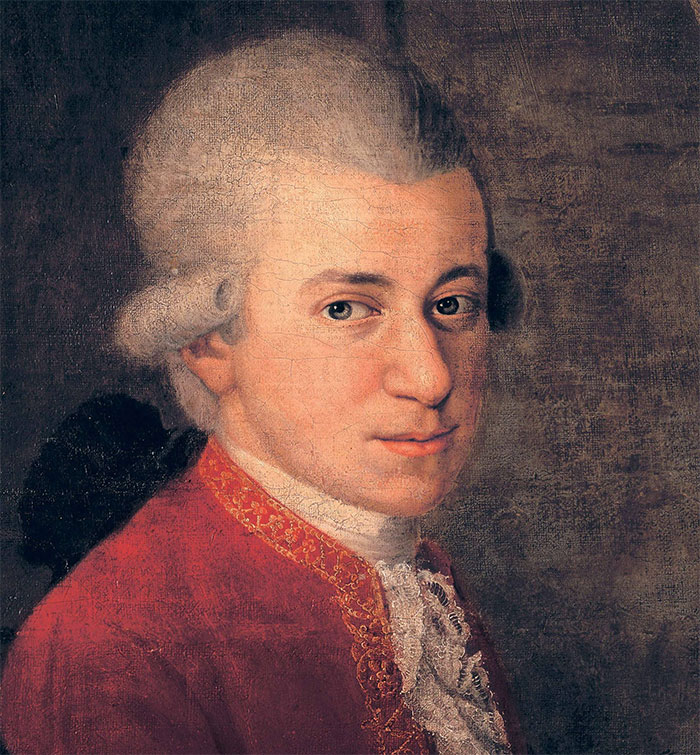 Color portrait of Mozart, an iconic composer featured in amazing and bizarre music facts to soothe your ears.