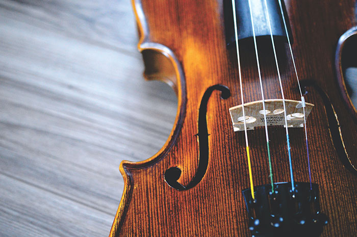 Close-up of a violin resting on the floor, highlighting wood texture and strings, related to amazing music facts.