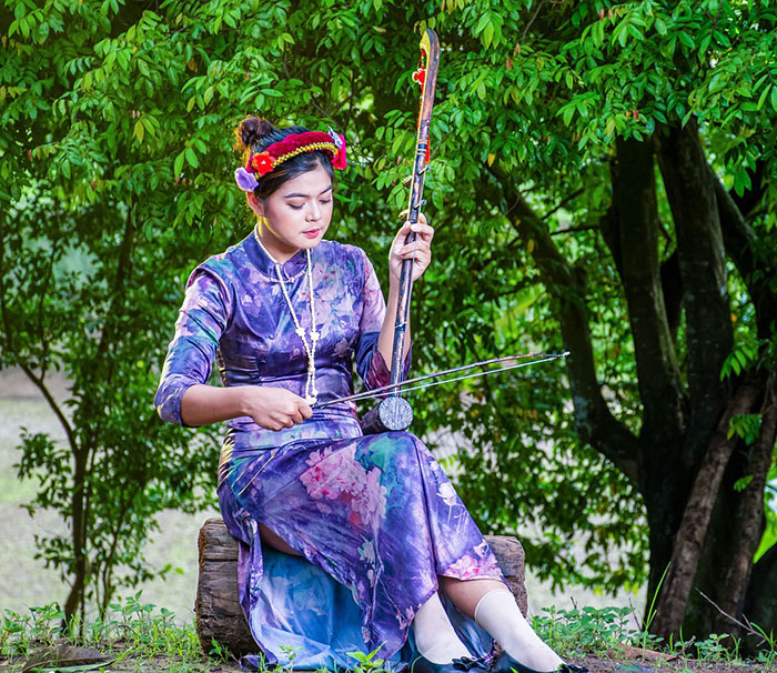 Woman in flower dress playing erhu instrument outdoors, illustrating amazing and bizarre music facts to soothe your ears.