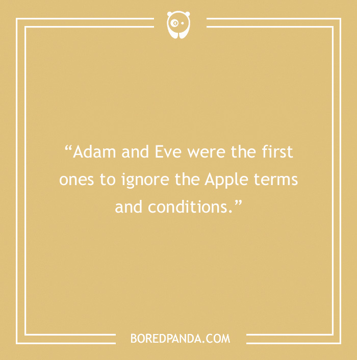 One-line joke about Adam and Eve ignoring Apple terms and conditions on a beige background.