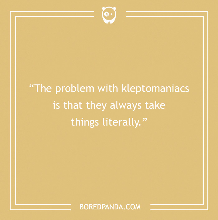 Text on a beige background humorously comments on kleptomaniacs, relating to the best one-line jokes.