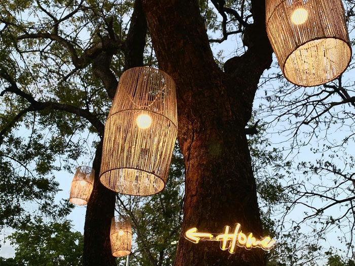 Rattan pendant lights hanging on the trees Rattan pendant lights hanging on the trees
