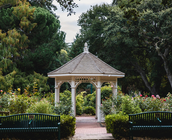 White wooden gazebo in a lush park surrounded by greenery and flowers, showcasing a beautiful pergola idea for backyards.