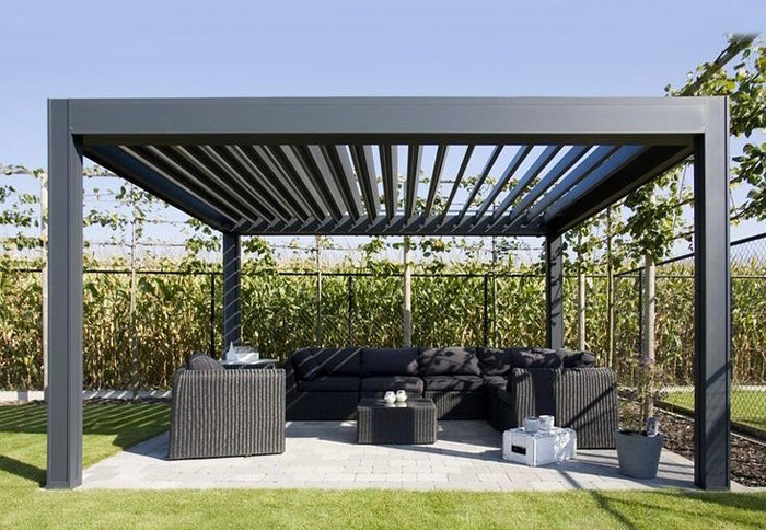 Modern wooden pergola without roof in backyard featuring outdoor seating and surrounding green plants for stunning decor ideas