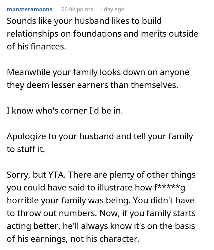 Comment about family rejecting daughter's fianc&eacute; based on earnings, discussing relationship and character values.