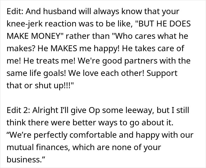 Woman reveals fianc&eacute;'s earnings after family rejects daughter's fianc&eacute;, sharing their financial happiness and relationship support.