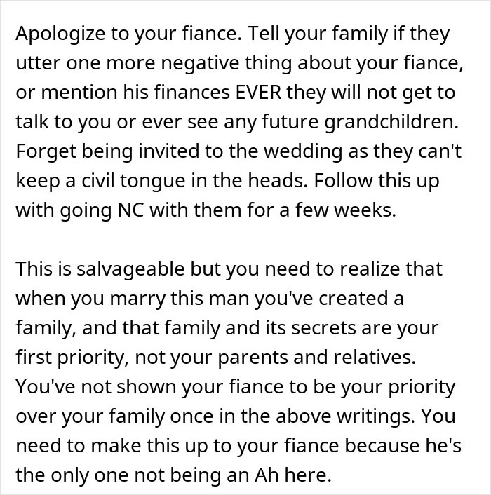 Text advice on handling family rejecting daughter&rsquo;s fianc&eacute;, emphasizing fianc&eacute;&rsquo;s finances and family priorities.