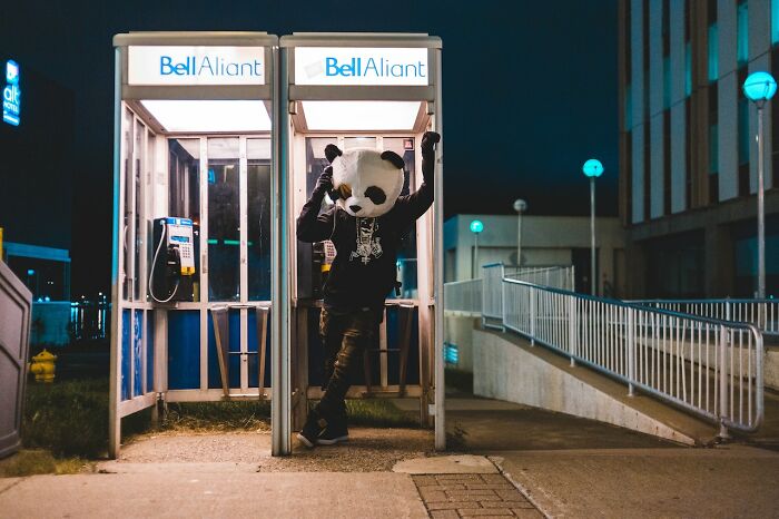 Person wearing panda mask in old phone booth at night, symbolizing what eventually disappeared without notice.