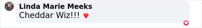Comment saying Cheddar Wiz with a red heart emoji, expressing enthusiasm for the popular Cheddar Wiz mullet.