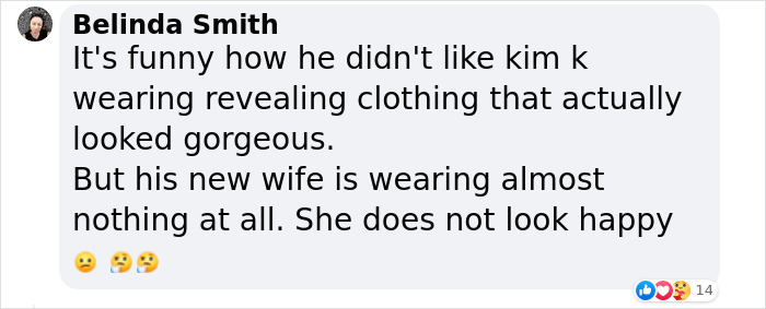 Comment discussing Bianca Censori's revealing outfit, comparing it to Kim K's style. Emojis convey surprise and contemplation.