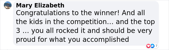 Facebook comment praising winner and kids in US kids mullet championship, celebrating cheddar wiz mullet style success.