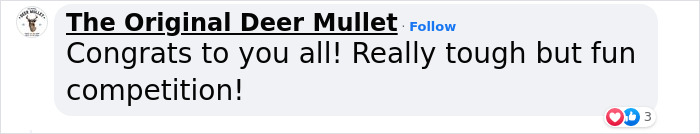 Screenshot of a congratulatory comment on the People Loving Cheddar Wiz Mullet that won US Kids Mullet Championship.