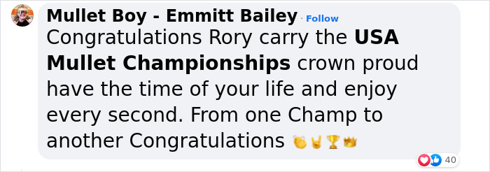 Screenshot of a social media comment congratulating Rory on winning the USA Kids Mullet Championship with a Cheddar Wiz mullet.