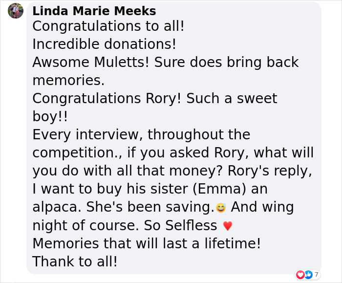 Alt text: Positive comments praising contestants and memories from the US Kids Mullet Championship featuring cheddar wiz mullets.