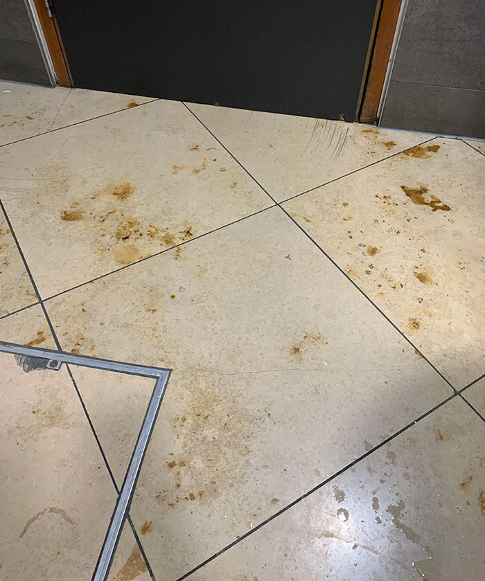 The Marbling Of These Floor Tiles Makes It Look Like Someone Pooped All Over The Floor