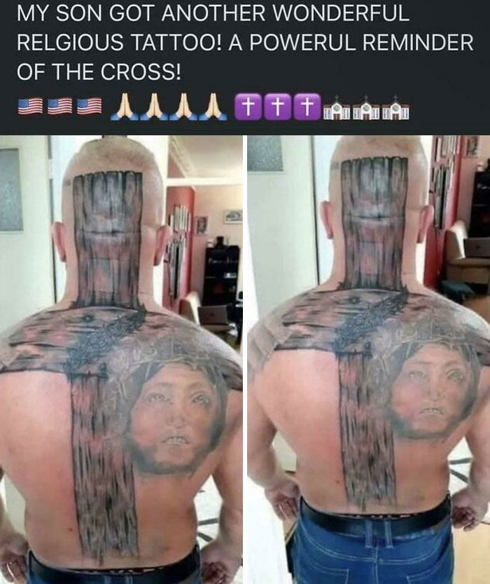 Back tattoo with religious theme covering neck and shoulders, featuring a cross and a face.