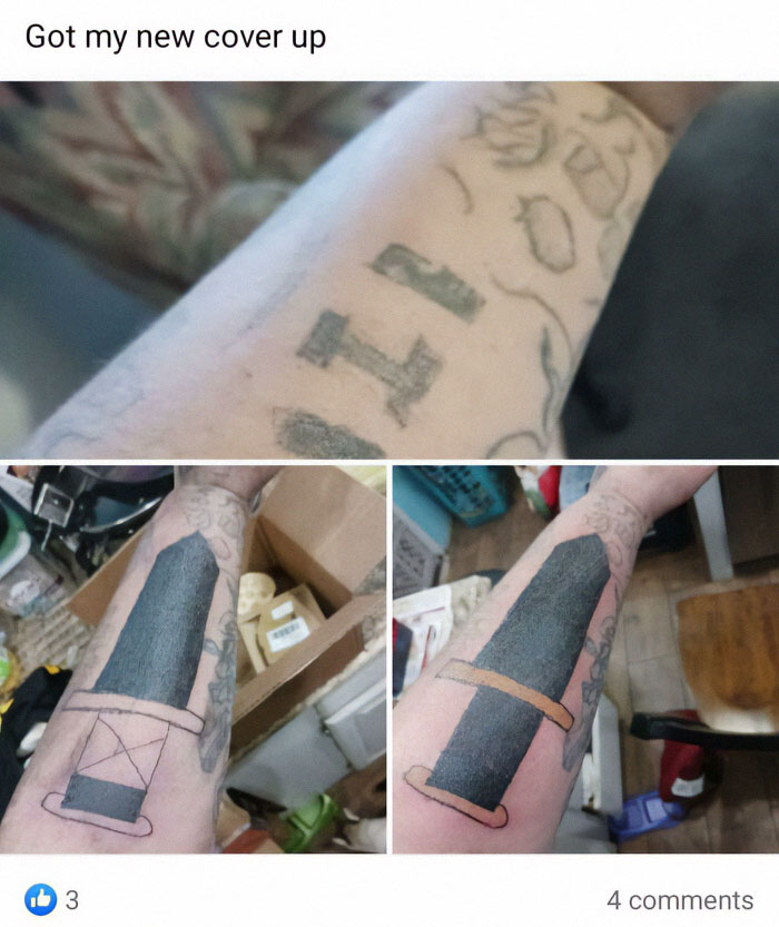 Cover-up tattoo featuring a large, dark design over an older tattoo on an arm, highlighting tattoo artist oversight.