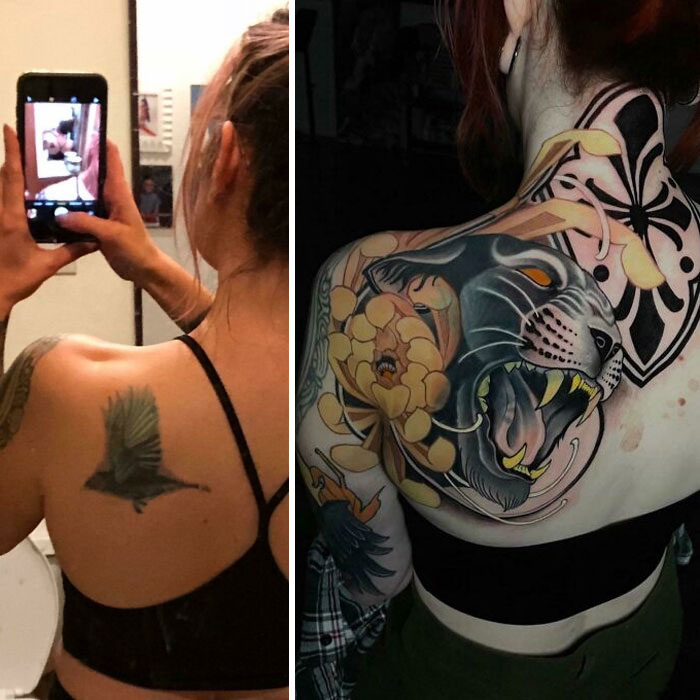 Woman with tattoos: bird on shoulder, colorful panther and flowers on back.