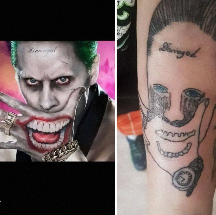 Poorly executed tattoo of a well-known comic character, highlighting need for better tattoo artist research.