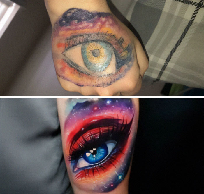 Hand tattoo of an eye with blurred colors; another eye tattoo with a vibrant galaxy theme.