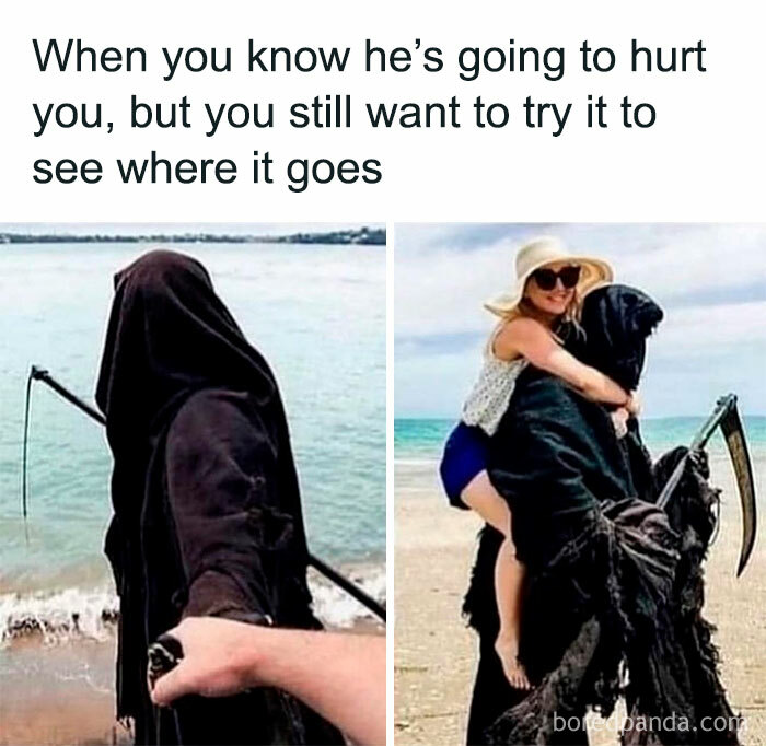 Life meme showing a person holding hands with the Grim Reaper, then happily riding on the beach with it.