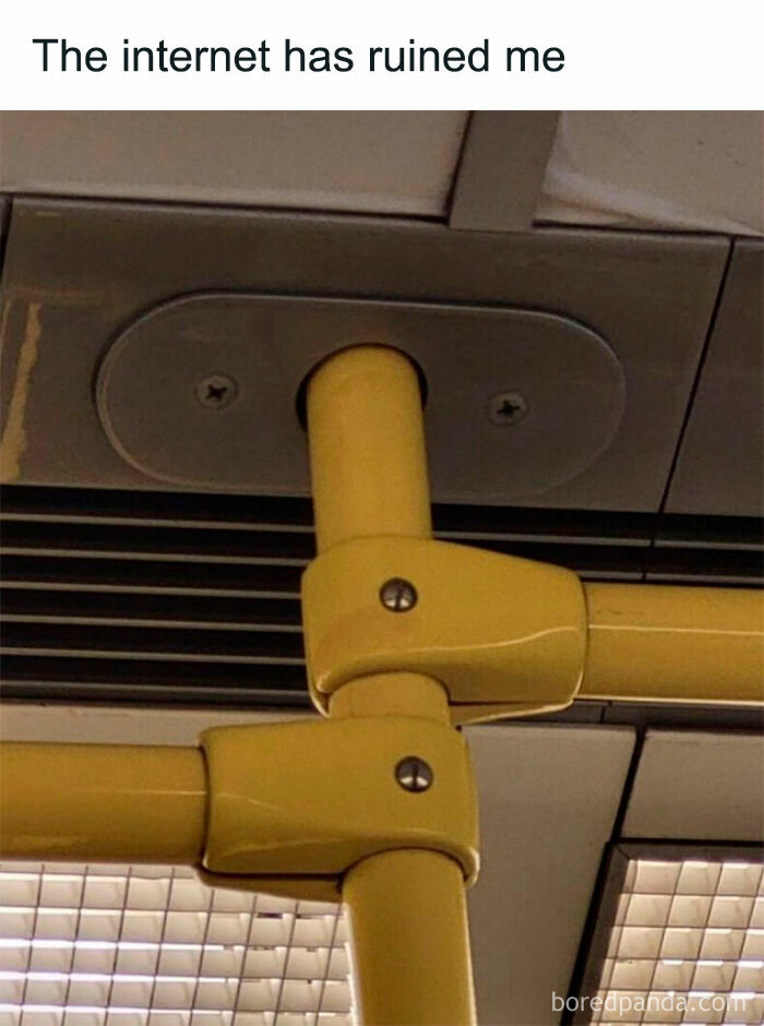 Yellow bus handrails with a humorous caption about internet impact, aligning with hilarious memes on life.