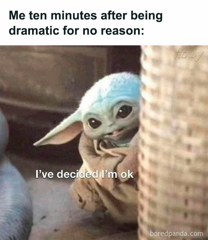 Baby Yoda meme humorously depicting a dramatic life moment recovery.