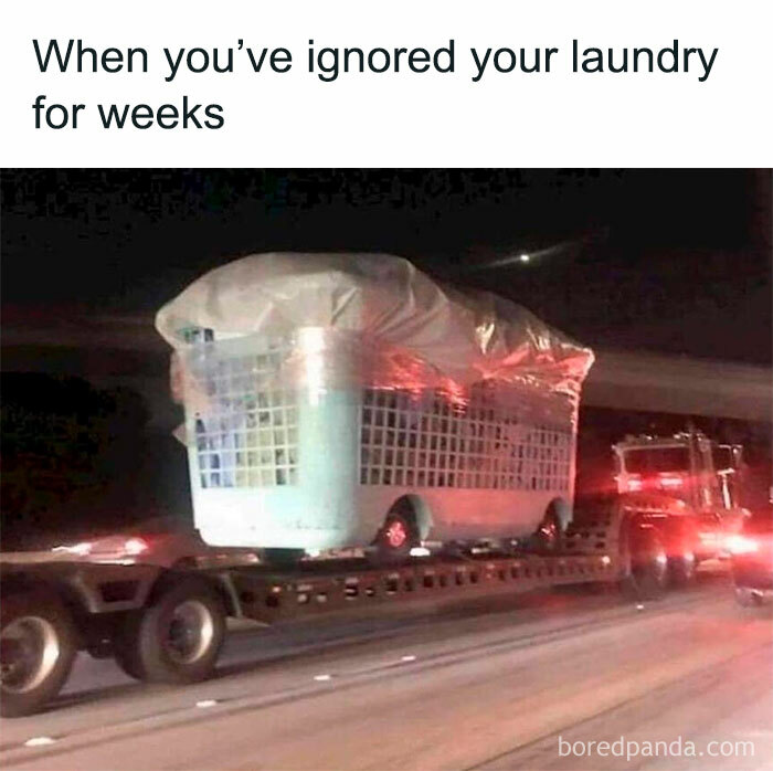Massive laundry basket on a truck, humorously depicting life's challenges with ignored chores.