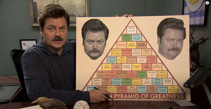 Ron Swanson explaining the Pyramid of Greatness with key life principles in a comedic educational setting.