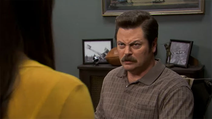 Ron Swanson looking angry and serious, embodying iconic Ron Swanson quotes about life and wisdom.