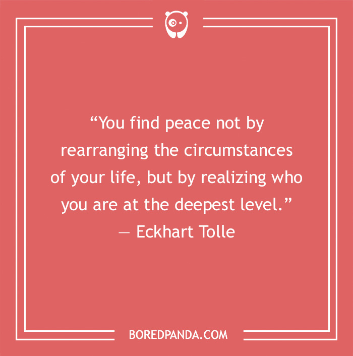 Self-love quote by Eckhart Tolle on a coral background encouraging kindness and inner peace through self-awareness.