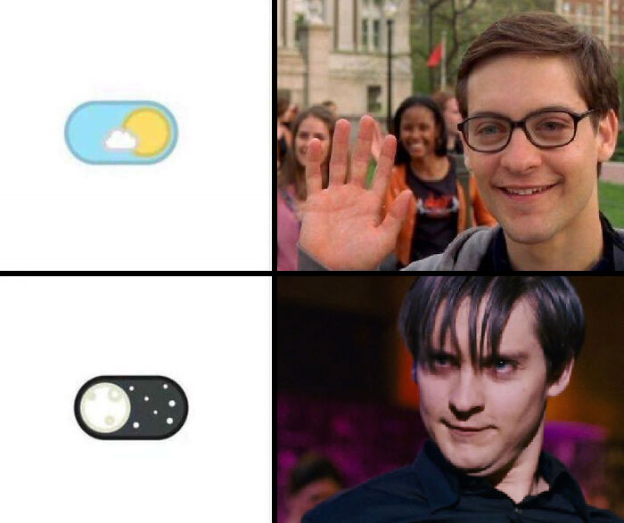 Spiderman meme showing daytime and nighttime personas with smiling and serious expressions.