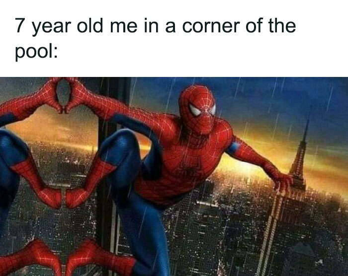 Spiderman meme showing him in a playful pose, mimicking a child in a pool corner.