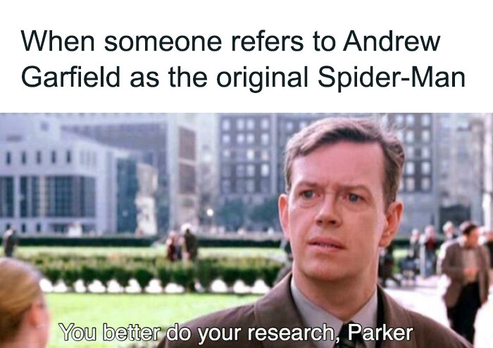 Man in a park with a surprised expression, text playing on Spider-Man meme humor.