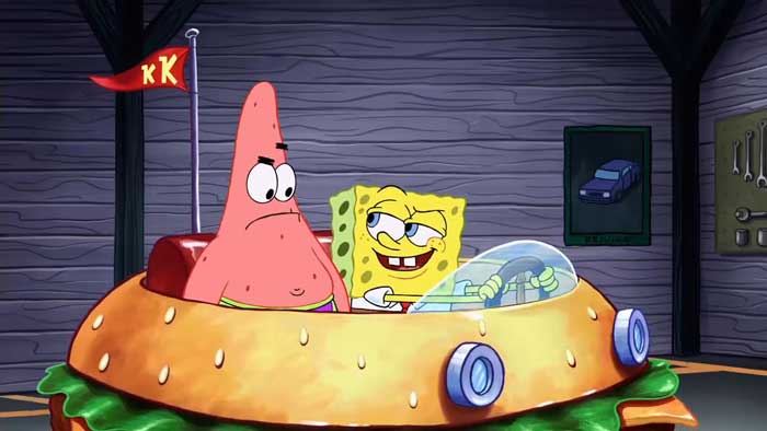 Patrick and SpongeBob riding the Patty Mobile, a key scene related to iconic SpongeBob quotes fans love.