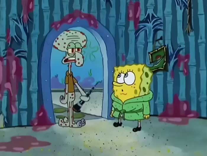 Squidward looking done as he enters SpongeBob’s house in a scene from iconic SpongeBob quotes and moments.