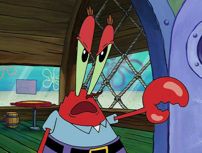 Mr. Krabs looking mad inside the Krusty Krab, a memorable scene from 104 iconic SpongeBob quotes.