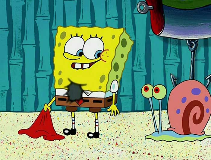 SpongeBob talking to Gary with a punch mark in his torso, showcasing iconic SpongeBob quotes and moments.
