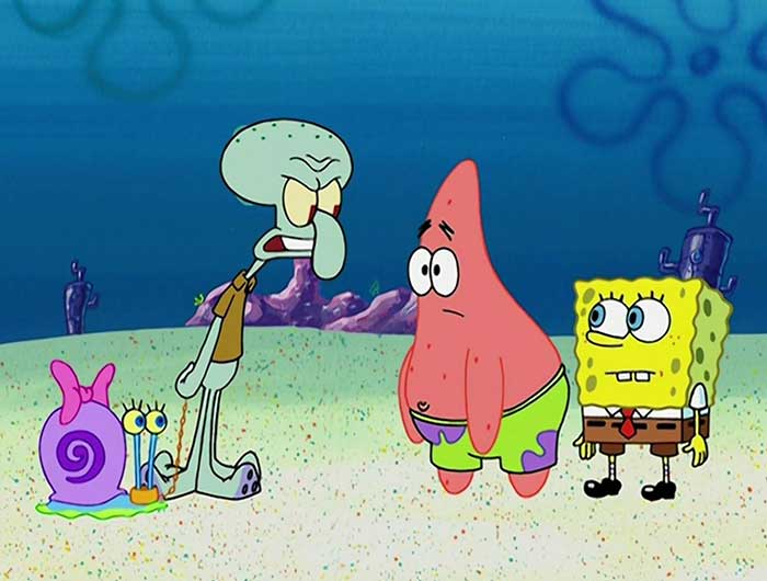 Squidward angrily talking to confused SpongeBob and Patrick in a scene featuring iconic SpongeBob quotes.
