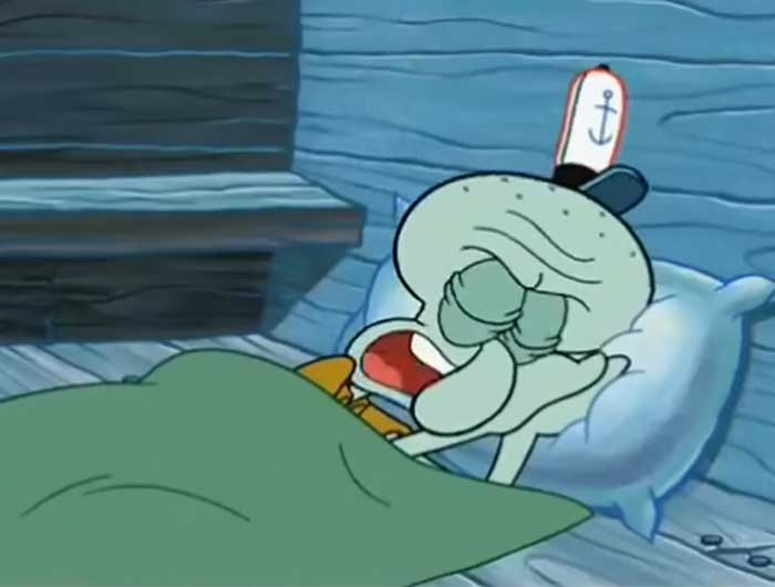 Squidward going to sleep looking annoyed and tired in a SpongeBob scene featuring iconic SpongeBob quotes.