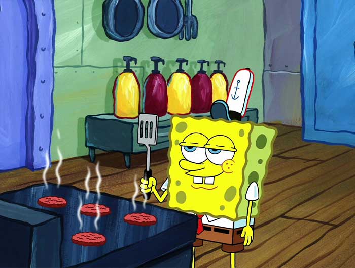 SpongeBob frying patties confidently in the kitchen, representing iconic SpongeBob quotes and moments from the show.