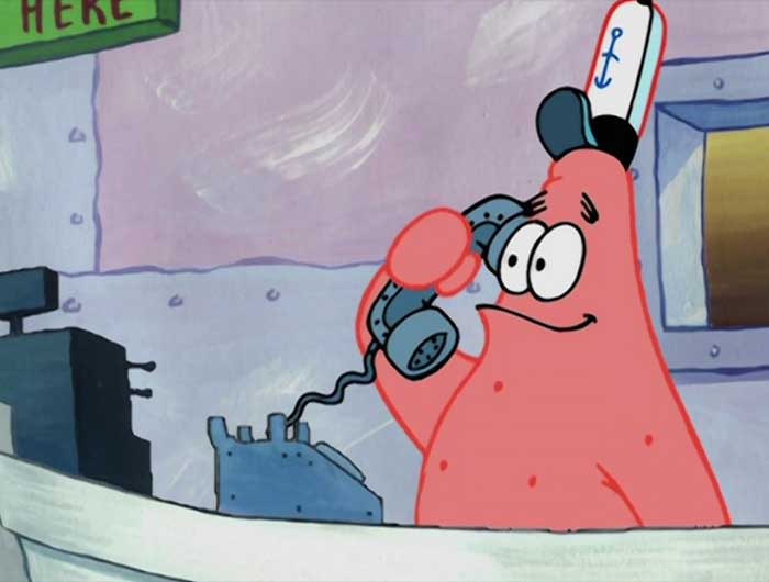 Patrick Star in the Krusty Krab answering a phone call, a memorable scene from iconic SpongeBob quotes.