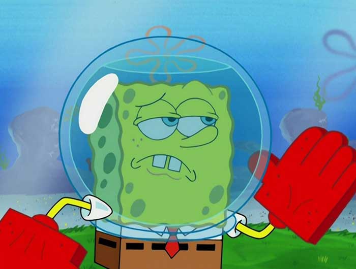 SpongeBob looking confident with karate choppers and a fishbowl helmet, showcasing iconic SpongeBob quotes attitude.