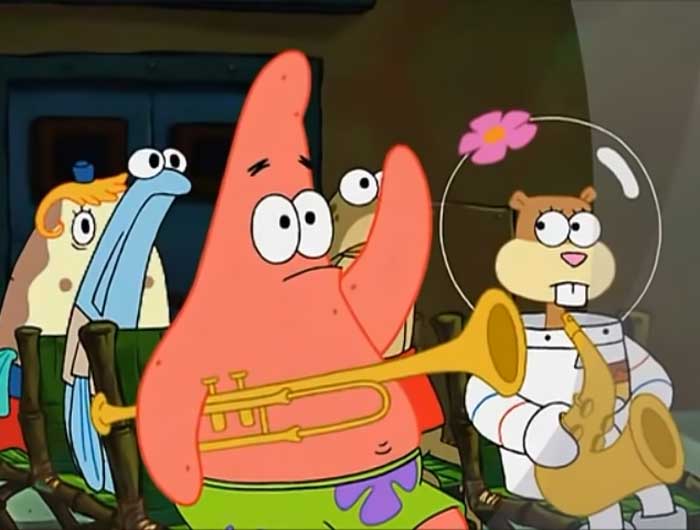 Patrick raising his hand while holding a trumpet in a scene from iconic SpongeBob quotes and moments.