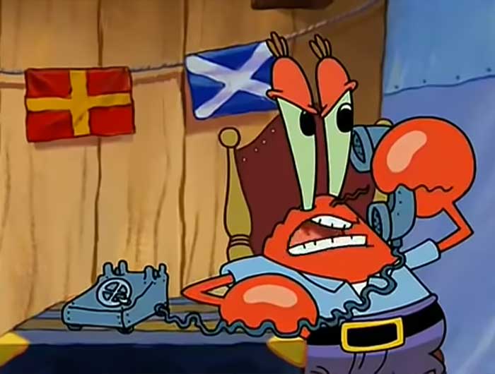 Mr. Krabs angrily talking on the phone in a wooden office, a scene from iconic SpongeBob quotes.