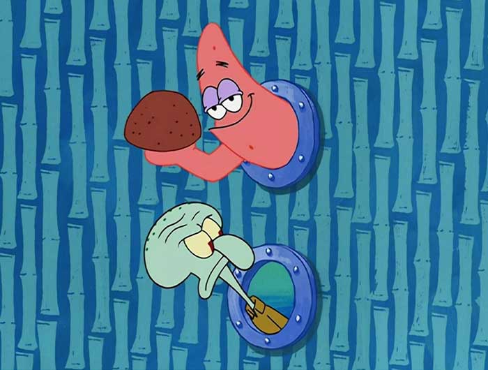 Patrick and Squidward sticking their heads through windows in a scene from iconic SpongeBob quotes collection.